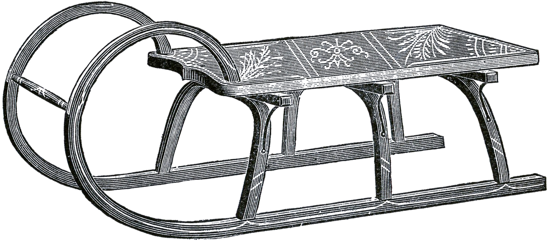 Vintage wooden sled with ornate carvings, curved runners, and a steering wheel for classic winter recreation.