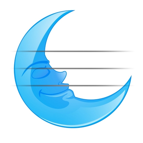 Blue crescent moon with smiling face, stylized cartoon illustration on white background