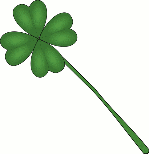 Green four-leaf clover with stem on white background, symbol of luck and St. Patrick’s Day.
