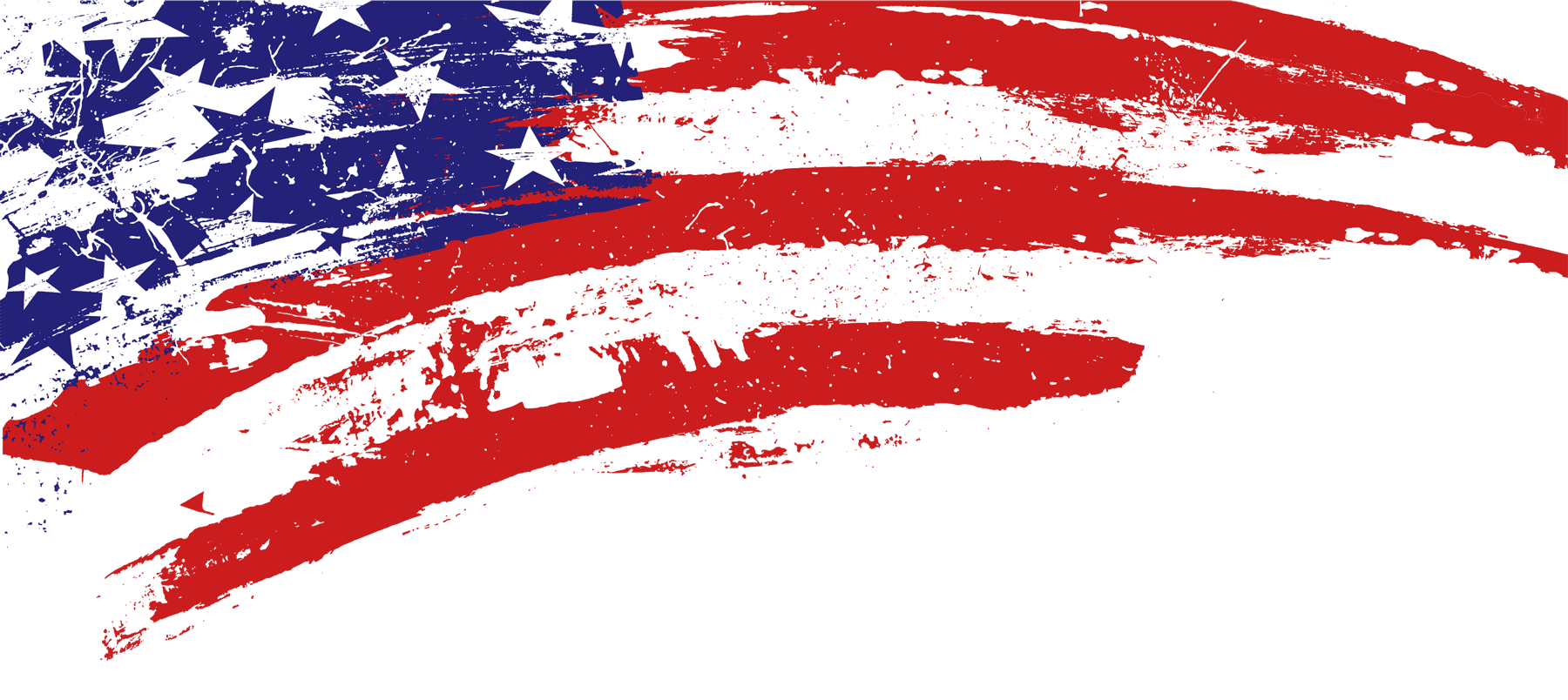 Distressed American flag with grunge texture, red white and blue stripes and stars, waving design on white background.