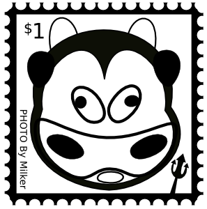 Black-and-white cartoon cow face on a $1 postage stamp design with "PHOTO BY MILLER" text.