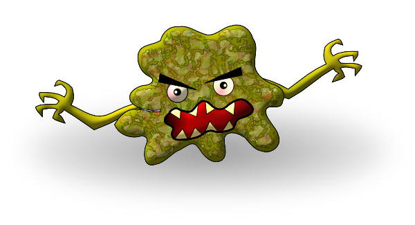Angry green germ monster with sharp teeth and claws emerging from a gray oval surface.