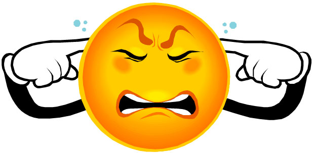 Angry yellow emoji covering ears with hands, eyes shut tight, steam puffs indicating frustration or irritation.