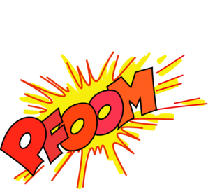 Comic-style "POOM" explosion graphic with yellow burst and red-orange lettering on black background.