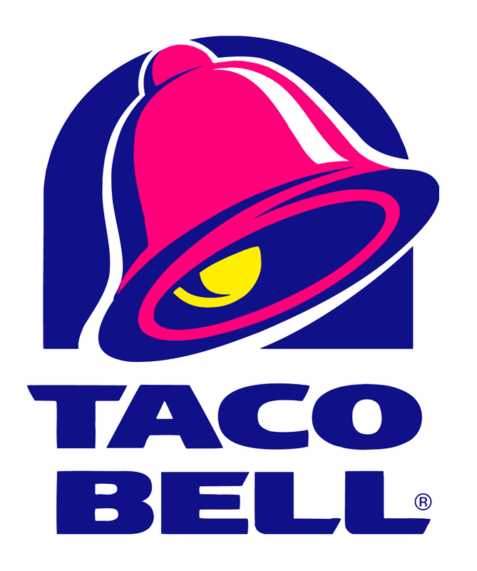 Taco Bell logo featuring a stylized pink bell with a yellow eye, set against navy blue and white background.