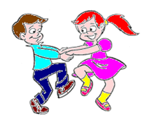 A cartoon boy and girl joyfully dancing together, holding hands, with colorful outfits and expressive faces.