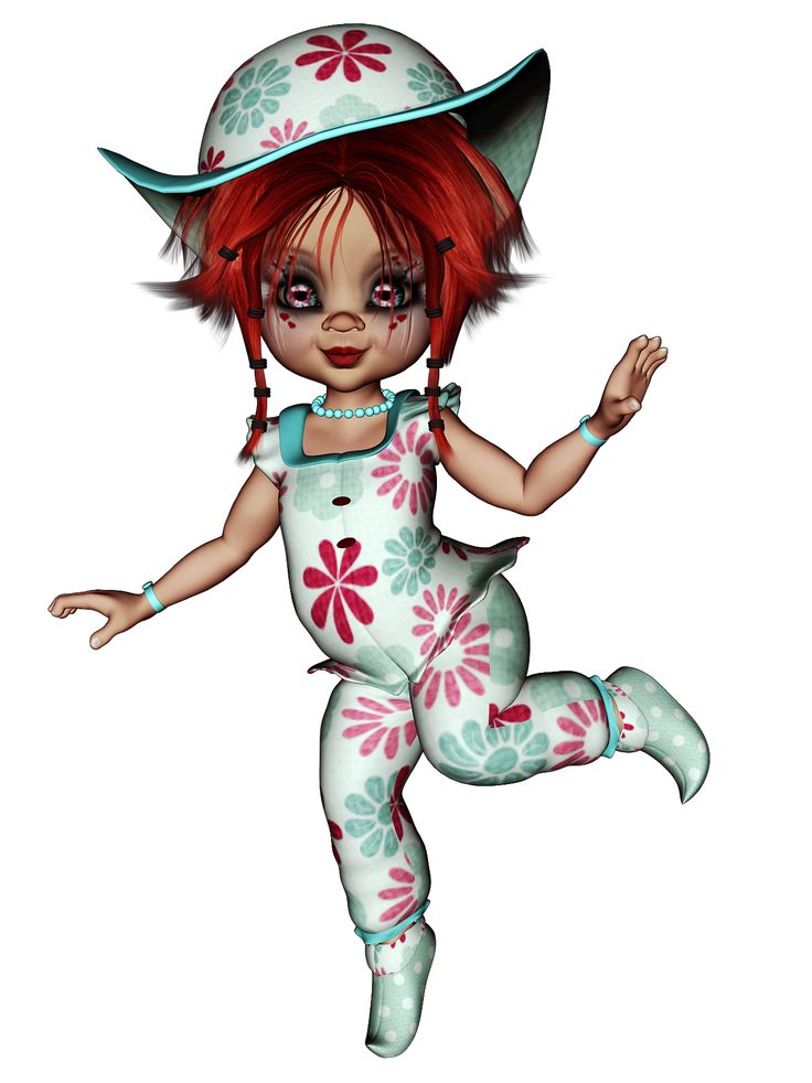 Whimsical animated girl with red hair, floral hat and jumpsuit, mid-dance pose against white background.