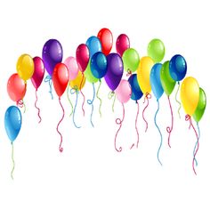 Colorful party balloons in red, blue, green, yellow, purple, and pink with curly ribbons floating against a white background.