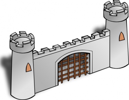Medieval stone castle gate with two towers and wooden portcullis, cartoon-style illustration.