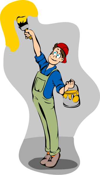 Cheerful cartoon painter in overalls holding a paintbrush with yellow paint and a paint can.