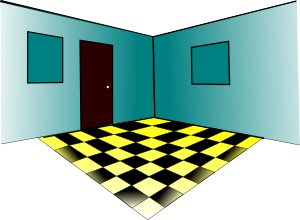 Teal-walled room with black-and-yellow checkered floor, centered brown door, and two empty picture frames.