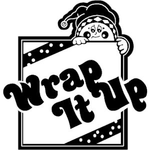 Cheerful elf peeking over a sign that reads "Wrap It Up" in bold stylized letters, framed with polka-dotted ribbon.