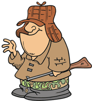 Cartoon hunter in brown hat and jacket holding a rifle, smiling confidently.
