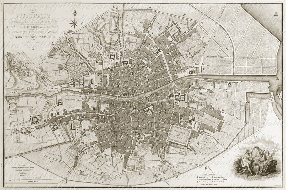 Historic 18th-century engraved map of Florence, Italy, showing city layout, Arno River, bridges, and surrounding countryside with decorative cartouche.