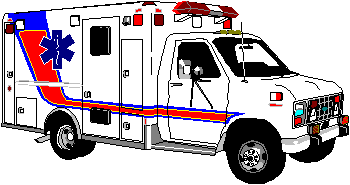 White ambulance with red and blue stripes and Star of Life symbol, illustrated against green background.