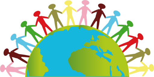 Diverse colorful stick figures holding hands around a stylized Earth globe, symbolizing global unity and inclusion.