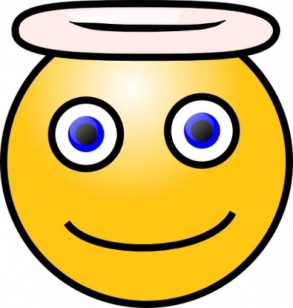 Smiling yellow emoji face with blue eyes and a pink halo, symbolizing innocence or goodness.