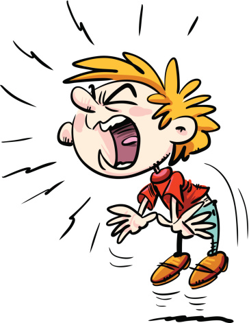 Cartoon boy with spiky blond hair screaming loudly, eyes shut, hands raised, surrounded by motion lines indicating intense emotion.