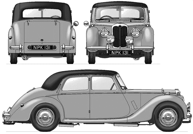 Technical line drawing of a 1940s convertible car showing front, rear, and side views with license plate NPK 131.