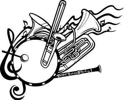 Black-and-white illustration of brass and woodwind instruments-including tuba, trombone, clarinet-and musical notes swirling dynamically around a drum and treble clef.