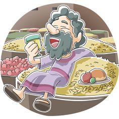 A cheerful bearded man in ancient robes sits amid piles of grain, fruit, and bread, holding a cup with a joyful expression.