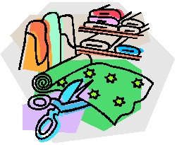 Colorful cartoon illustration of sewing supplies including fabric rolls, scissors, star-patterned cloth, and shelves of folded textiles.