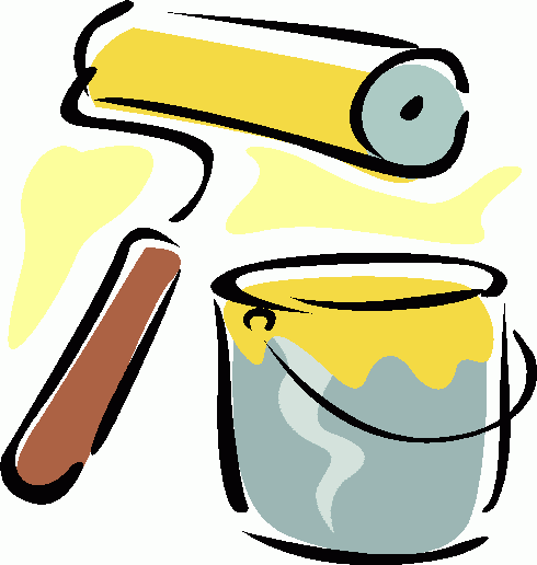 Yellow paint can with roller and brush, illustrating home painting tools.