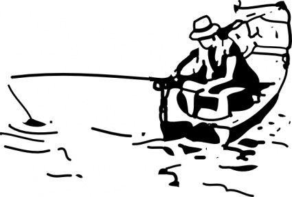 A black-and-white line drawing of a person in a small boat casting a fishing rod into rippling water.