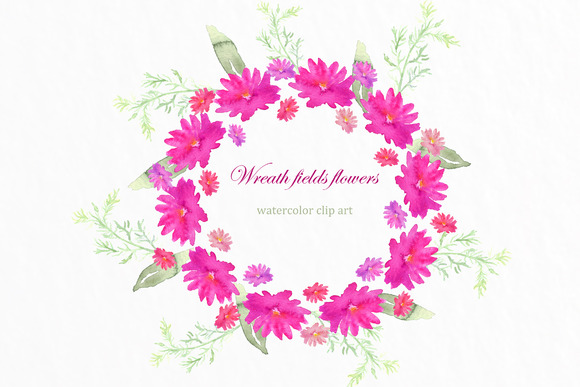 Watercolor floral wreath with pink and purple field flowers and green foliage, hand-painted clip art design.