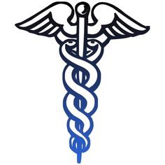 Blue caduceus symbol with winged staff and two intertwined snakes, representing medicine and healthcare.