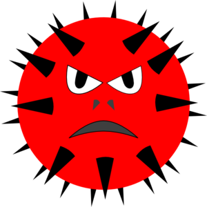 Angry red virus icon with sharp spikes and fierce eyes, symbolizing danger or infection.