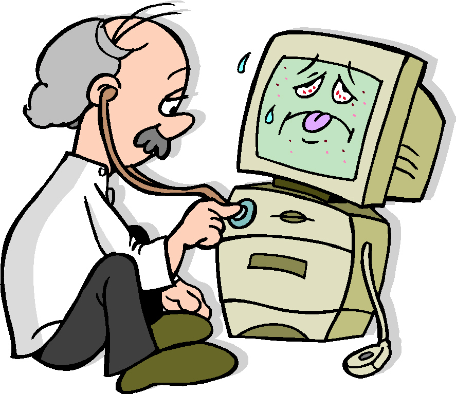 A doctor with a stethoscope examines a sick, anthropomorphic computer showing symptoms like fever and tears.