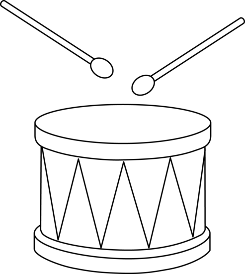 A snare drum with two drumsticks poised above it, ready to strike, in black-and-white line art style.