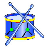 Blue snare drum with yellow rims and two crossed blue drumsticks on top.