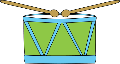 A bright green snare drum with blue rims and two wooden drumsticks resting on top.