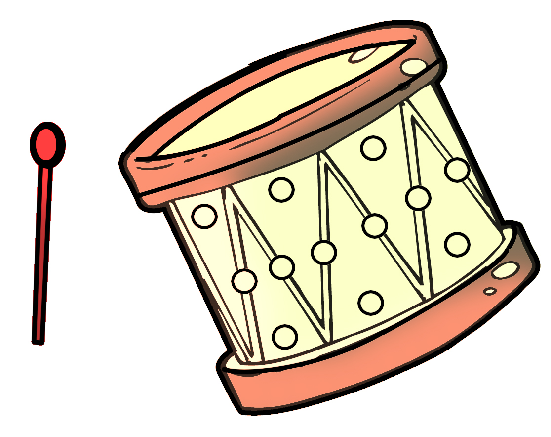 Cartoon-style snare drum with red drumstick, beige drumhead, and orange rim, angled for playful musical illustration.