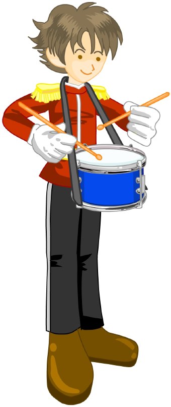Cartoon boy in red military-style uniform playing a blue snare drum with drumsticks.