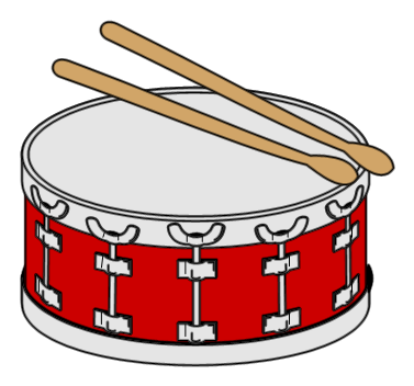 Red snare drum with two wooden drumsticks resting on the drumhead.