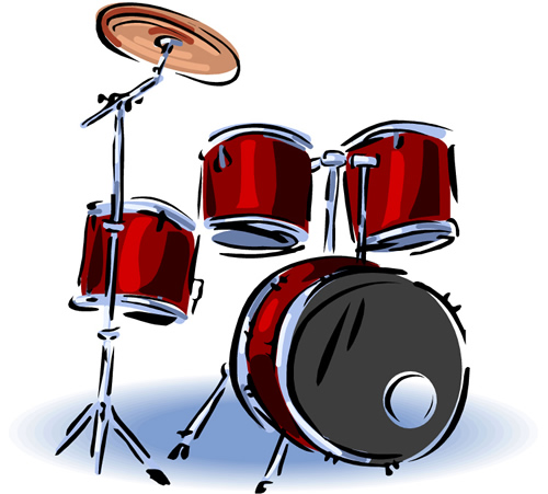 Vibrant red drum set with cymbal, snare, toms, and bass drum in cartoon illustration style.