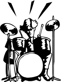 Black-and-white cartoon of a drummer energetically playing a full drum kit with cymbals and dynamic motion lines.
