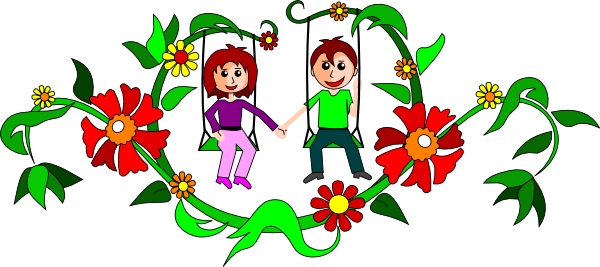A cartoon boy and girl holding hands on swings surrounded by red and yellow flowers and green vines.