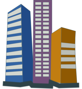Three colorful stylized skyscrapers-blue, purple, and orange-representing a modern city skyline in flat vector design.