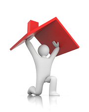 White 3D figure kneeling and holding a red roof overhead, symbolizing home protection or insurance.
