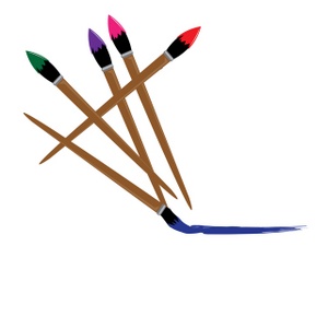 Four colorful paintbrushes with green, purple, pink, and red tips, one leaving a blue stroke on white background.
