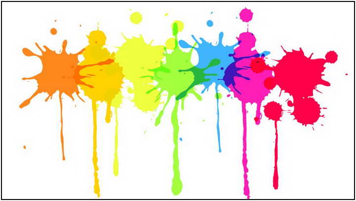 Vibrant rainbow paint splatters with dripping effects on white background, symbolizing creativity and artistic expression.