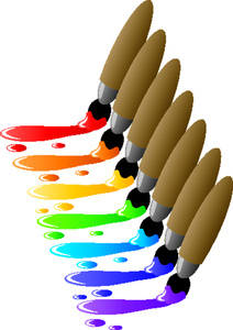 Six paintbrushes with wooden handles dripping vibrant rainbow-colored paint in a diagonal row.