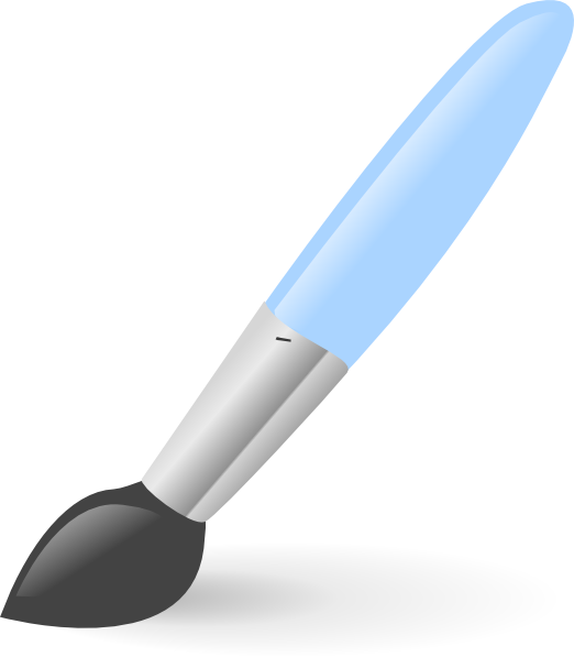 Blue-handled paintbrush with black bristles resting on a black ink puddle, vector illustration.