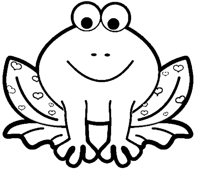 Smiling cartoon frog with heart-patterned legs, black-and-white line art for coloring.