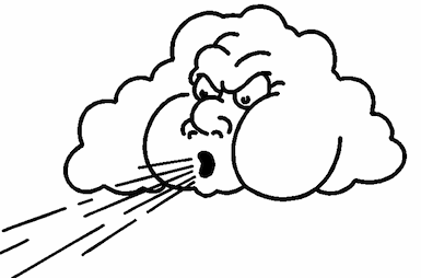 Angry cartoon cloud blowing strong wind with fierce expression and lines indicating gusts.