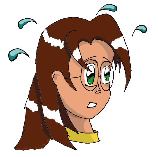 Animated girl with brown hair, green eyes, glasses, and sweat drops showing surprise or nervousness.